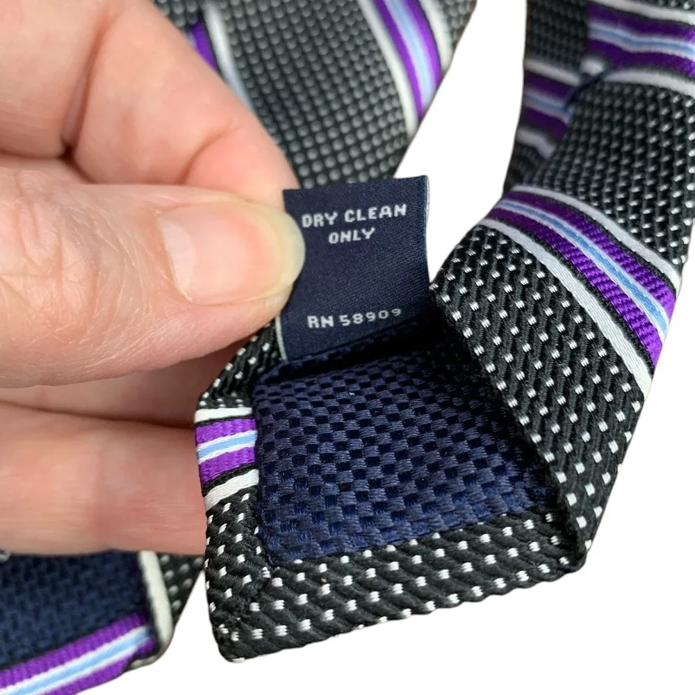 Cremieux 100% silk‎ black white polka dot tie w stripes of purple white blue